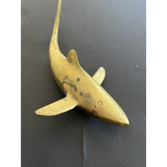 Vtg Mid Century Solid Brass Set 2 Sharks Paperweight Nautical Coastal Approx 8” - Picture 10 of 14